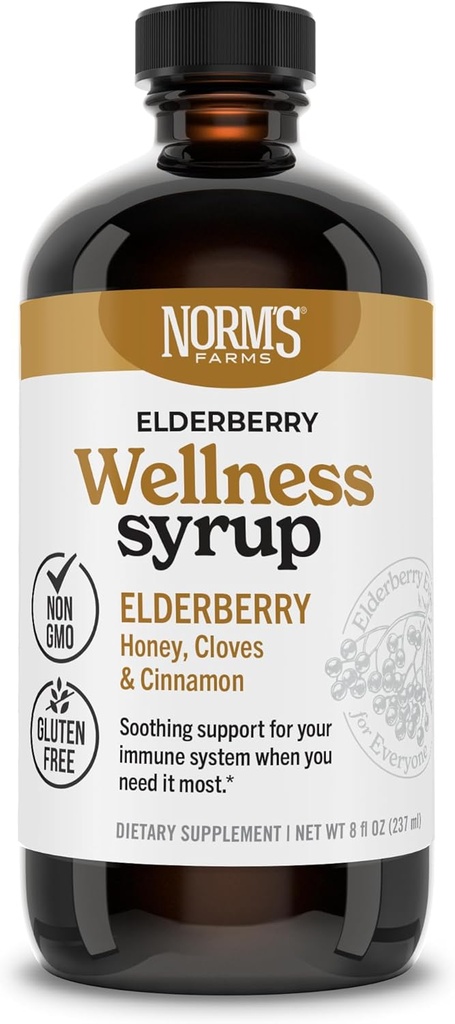 Norm's Farms Wellness Black Elderberry Syrup with Honey, Cinnamon & Cloves - Made in USA, Natural Immune Support, No Alcohol or Fillers, Gluten-Free, Non-GMO, Vegan, Pure Elderberry Juice Syrup - 8 Oz