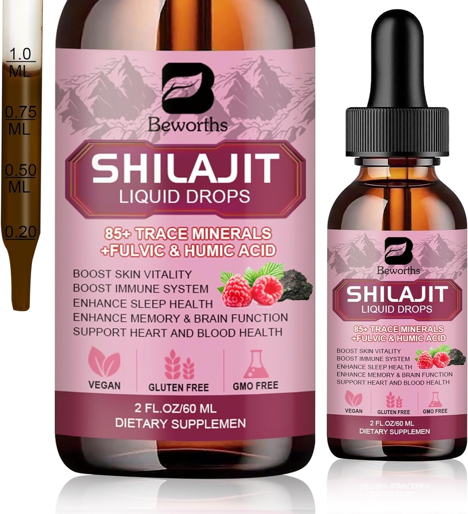 Shilajit Résine Liquid Drops de Shilajit Bio 85+ Trace Minerals Complex avec Ashwagandha, Turmeric, Ginseng, Chaga Supplément pour le support de digestion, Energy Booster - Vegan