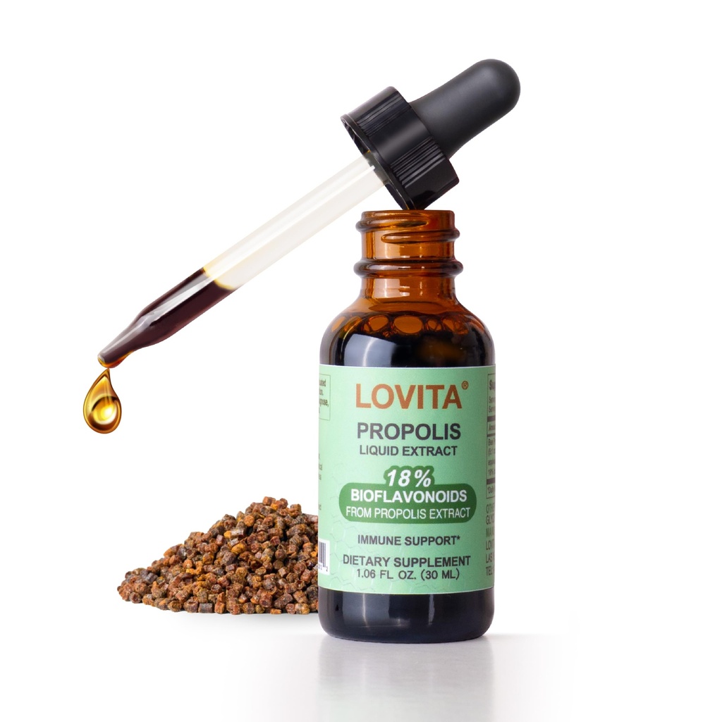 Lovita Abeille Propolis Extrait liquide 500mg, 5:1 gouttes de résine avec 18% de bioflavonoïdes, antioxydant sans alcool, soutien immunitaire et gorge apaisante, sans gluten, sans OGM, 1 Fl Oz (30 ml), 30 jours d'approvisionnement