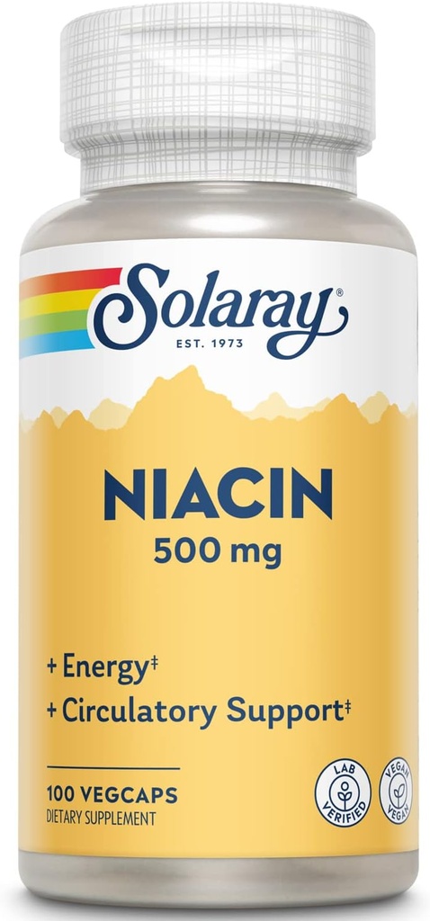 SOLARAY Niacine 500 mg, Vitamine B3: Santé de la peau, système nerveux et support de circulation