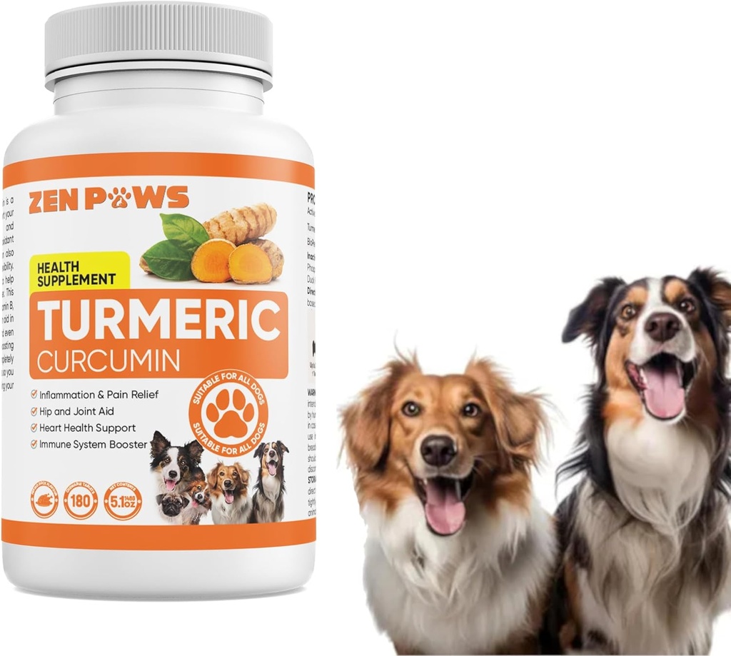 Curcuma pour chiens – 180 comprimés de comte traités avec Curcumine et Piperine – Hygiène articulaire, mobilité, allergie et démangeaison, peau et manteau, taches chaudes – Arôme de canard avec huile de saumon