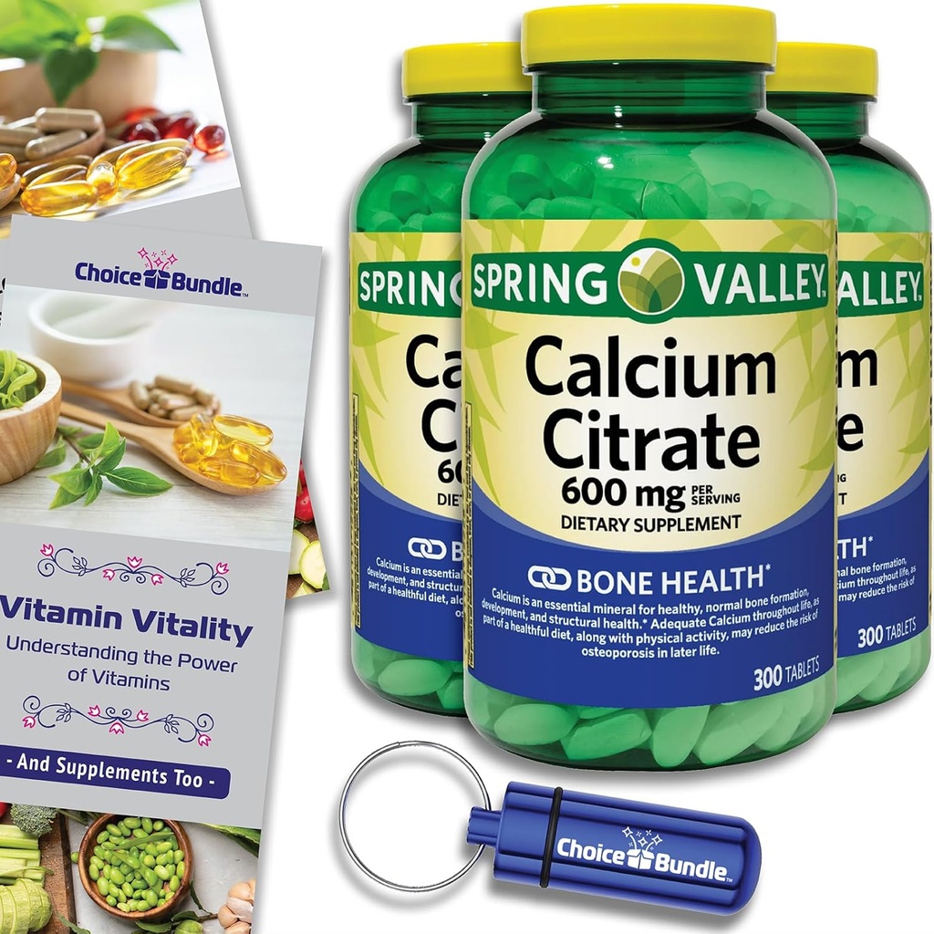 Citrate de calcium de Spring Valley Comprimés Dietary Supplément 600 mg 300 Ct 3 pk Choice Bundle (900 Total) + Vitamine Guide & Pill Container (5 Articles)!