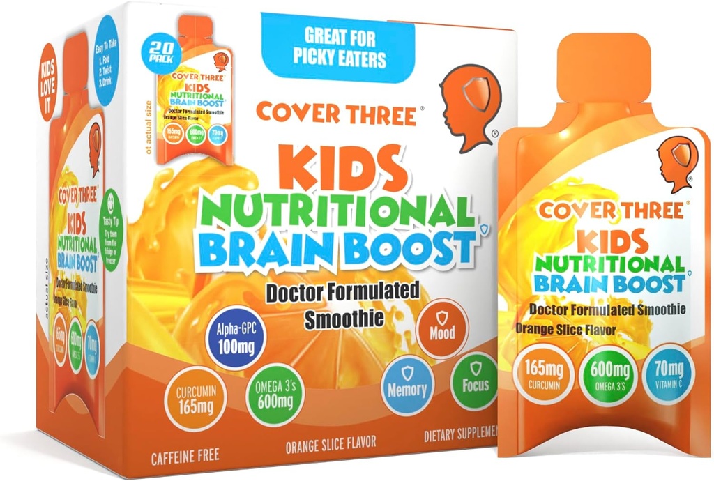 Couverture trois suppléments pour les enfants Cerveau Supplément Smoothie, Omega 3 Enfants liquides DHA Huile de poisson, Enfants Focus et attention, Soutien émotionnel, 20 Pouches, Pack 1