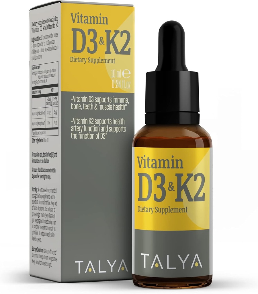 TALYA Vitamin D3 & K2 | Liquid Vitamin D3 with K2 Drops | 1000 IU | Immune Support - Helps Support Strong Bones & Healthy Heart | Non-GMO | Vegan | 60 Servings, 0.34 fl.oz