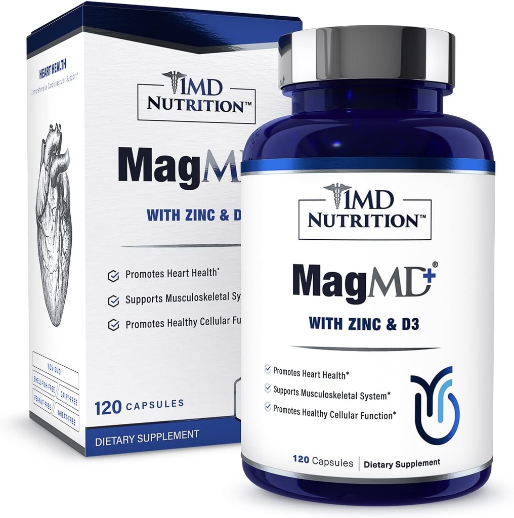 1MD Nutrition MagMD Plus - Magnesium with Zinc & D3 | Promotes Heart Health, Supports Bone & Muscle Strength, and Aids Immune System - 120 Ct