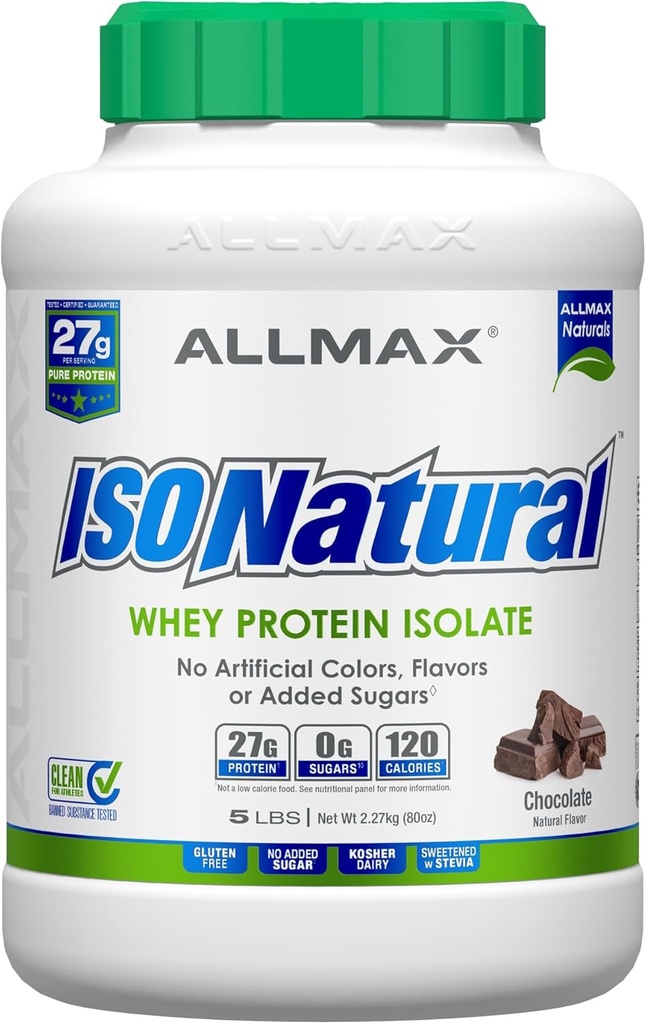 ALLMAX ISONATURAL Isolation des protéines de lactosérum, chocolat - 5 lb - 27 grammes de protéines par scoop - Zéro gras et sucre - 99% Sans lactose - avec prébiotiques - Pas d'arôme artificiel - Env. 73 portions