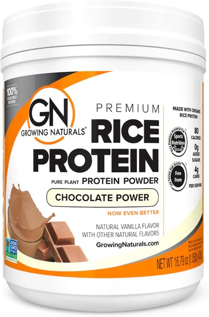 Growing Naturals Organic Premium Rice Protein Powder, Chocolate Power, Non-GMO, Vegan, 16.8 Ounce
