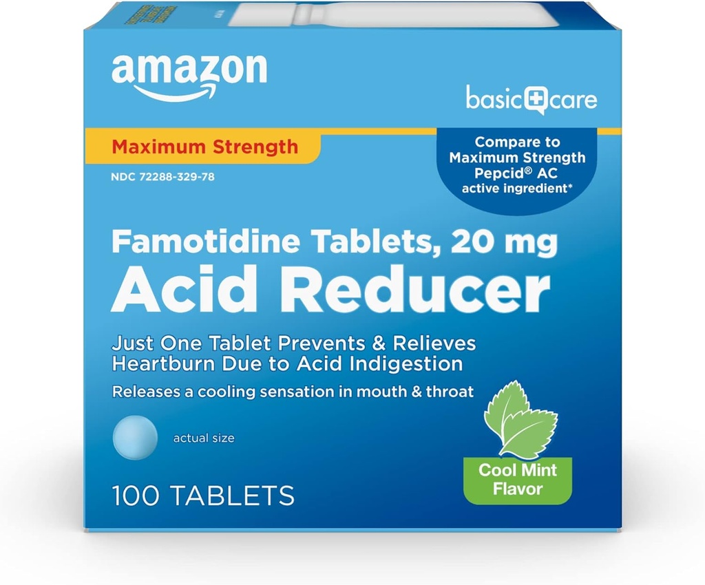 Soins de base Famotidine 20mg Comprimés de menthe fraîche, 100 Compte, blanc