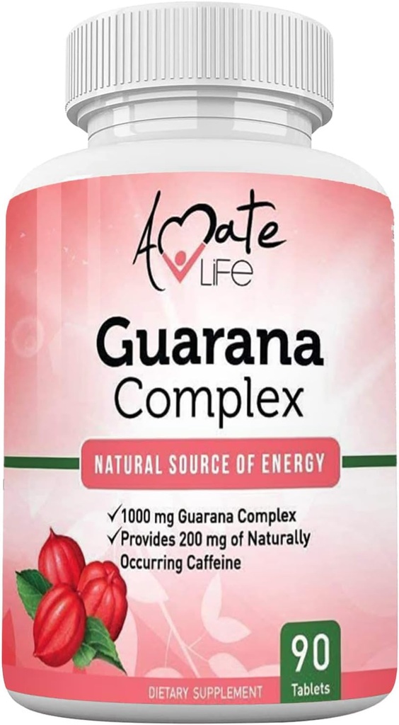 Complexe Amate Life Guarana - Energisant complexe Guarana - Supplément énergétique caféine - Source d'énergie - Supplément de fonctions mentales croissantes - 1000mg de Guarana - 90 comprimés