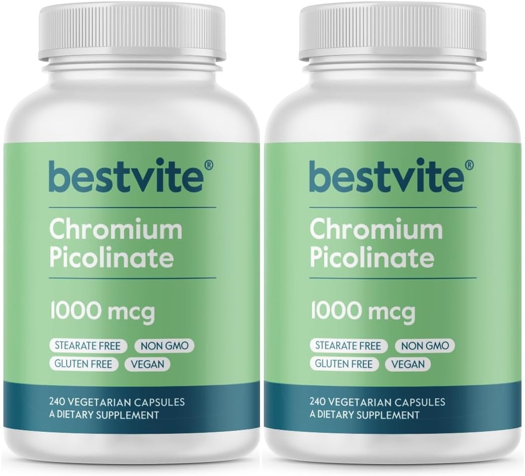 BESTVITE Picolinate de chrome 1000mcg (480 Capsules végétariennes) (240 x 2) - Pas de stéarate - Pas de phosphate de dicalcium - Vegan - Sans gluten - Non-OGM