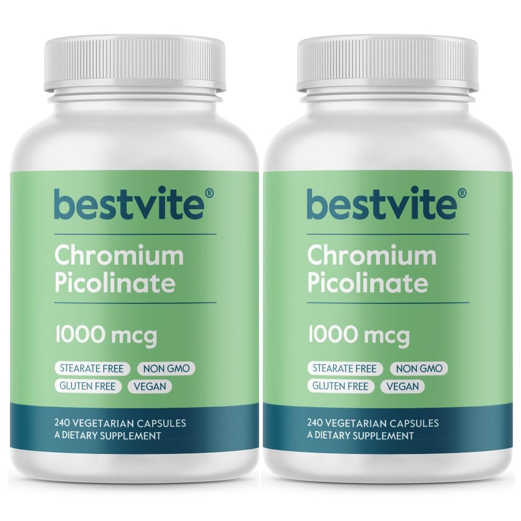 BESTVITE Picolinate de chrome 1000mcg (480 Capsules végétariennes) (240 x 2) - Pas de stéarate - Pas de phosphate de dicalcium - Vegan - Sans gluten - Non-OGM