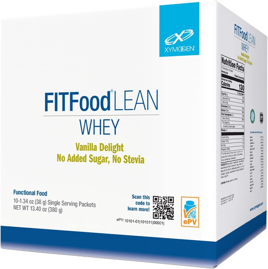 XYMOGEN FIT Food Lean Whey No Added Sugar, No Stevia - Poudre de protéines de lactosérum BioActive avec immunoglobulines naturelles - Soutient la composition corporelle saine, la santé immunitaire, les séances d'entraînement - Vanille (10 paquets)