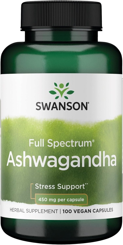 Swanson Ashwagandha Supplément en poudre - Ashwagandha Root & Aerial Parts - Promotion du stress et de l'énergie - Supplément ayurvédique pour le bien-être naturel (100 capsules, 450mg chacune)