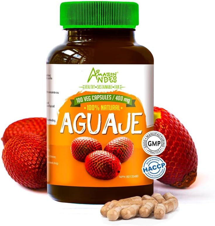 Andes Aguaje Capsules - Soutien de la santé féminine et équilibreur hormonal - Sauvage récolté au Pérou et d'origine durable - Non OGM, équitable et sans gluten - Buriti 100 pilules véganes (400mg)