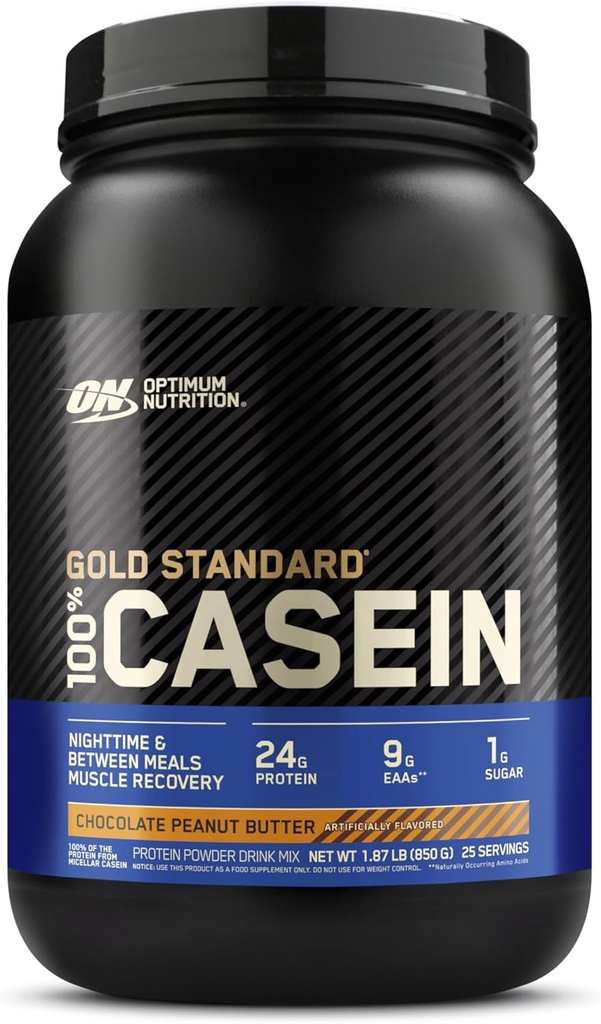 Optimum Nutrition Or Standard 100 % de poudre de protéines de caséine micellaire, la digestion lente, vous aide à garder complet, récupération musculaire nuitée, beurre d'arachide au chocolat, 1,87 livre (paquetage mai vary)