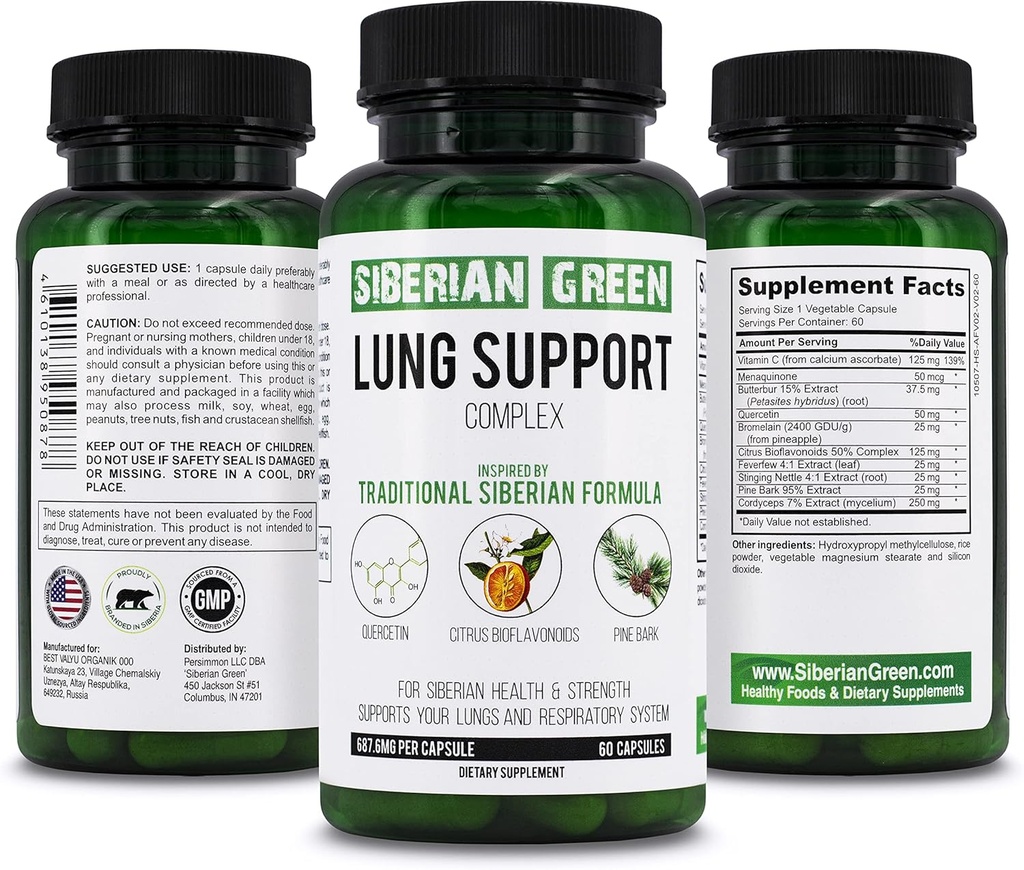 Complexe de soutien pulmonaire vert sibérien 60 capsules - Supplément de formule traditionnelle riche en Quercetin, Citrus Bioflavonoïdes, Pine Bark