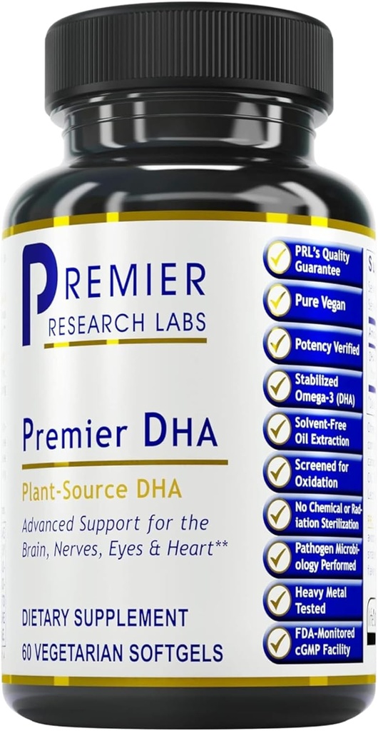 Premier Research Labs Premier DHA - Vegan DHA avec Omega 3 Acides gras, DHA à base d'algues pour les femmes et les hommes, supplément DHA naturel adapté aux légumes- 60 capsules de softgel végétariennes