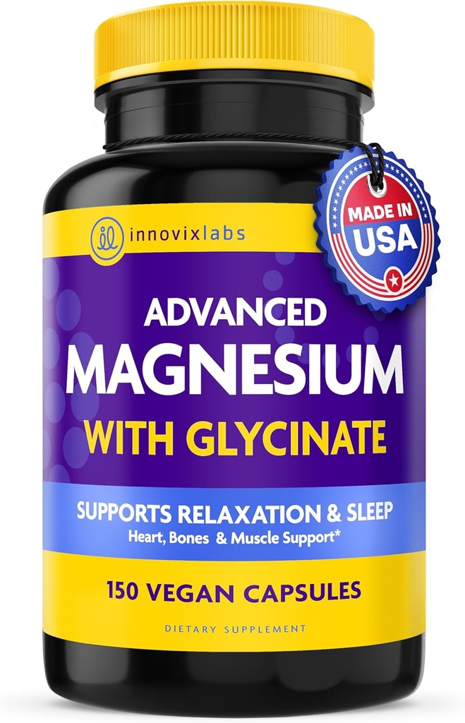 InnovixLabs Capsules de magnésium avancées - 150 Ct, 210 mg - Glycinat et malate chélatés - Absorption élevée, favorise la relaxation, os, santé musculaire, supplément de sommeil de malate végétalien