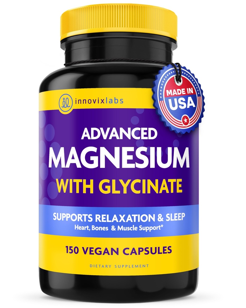 InnovixLabs Capsules de magnésium avancées - 150 Ct, 210 mg - Glycinat et malate chélatés - Absorption élevée, favorise la relaxation, os, santé musculaire, supplément de sommeil de malate végétalien