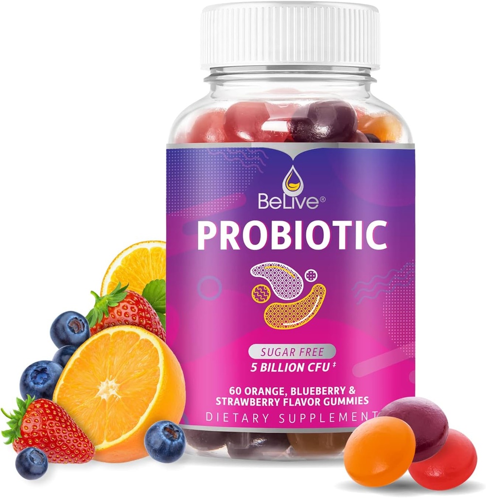 BeLive Probiotique Gummies - Probiotiques avec 5 milliards d'UCF pour la santé digestive, hommes, femmes et enfants - pour le soutien immunitaire, sans sucre et végétalien 60 Ct – Blueberry, fraise et orange