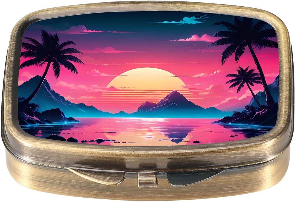 Boîte à pilules Dynippy avec miroir Pocket Retro 2 Compartiment Médicament Cas de pilules vitaminées Organisateur pour la chasse à la poche et les voyages (modèle de paysage de la plage)