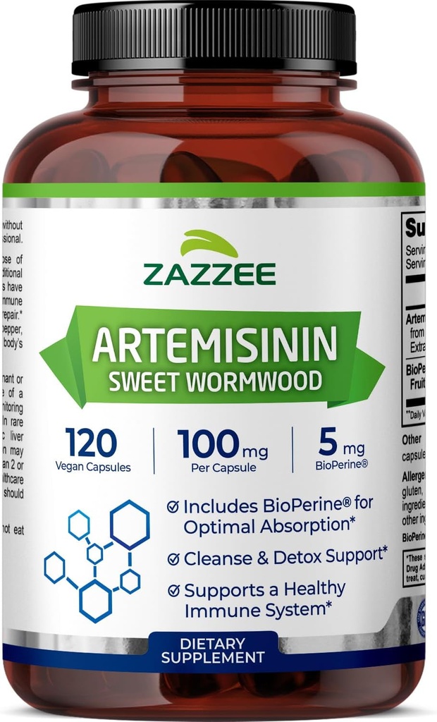 Zazzee Haute Absorption Artémisinine, 100 mg par Capsule, 120 Capsules Vegan, avec 5 mg de BioPerine pour Absorption Maximale, Extrait de Dormwood, 4 mois d'approvisionnement, tout naturel et non-OGM
