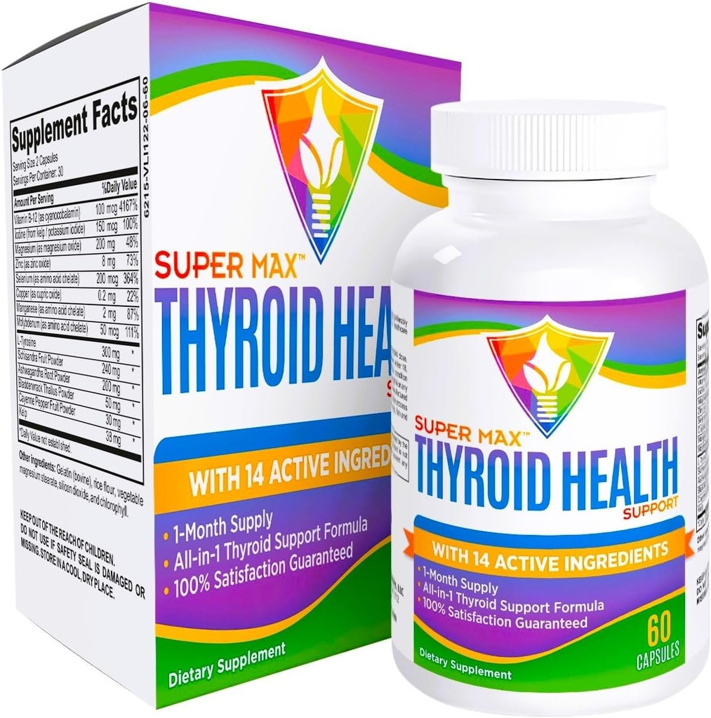 Supplément de soutien thyroïde (formule All-in-1) avec 14 ingrédients actifs - Suppléments thyroïdes - Complexe de santé thyroïde - Support thyroïde pour les femmes et les hommes - 60 capsules