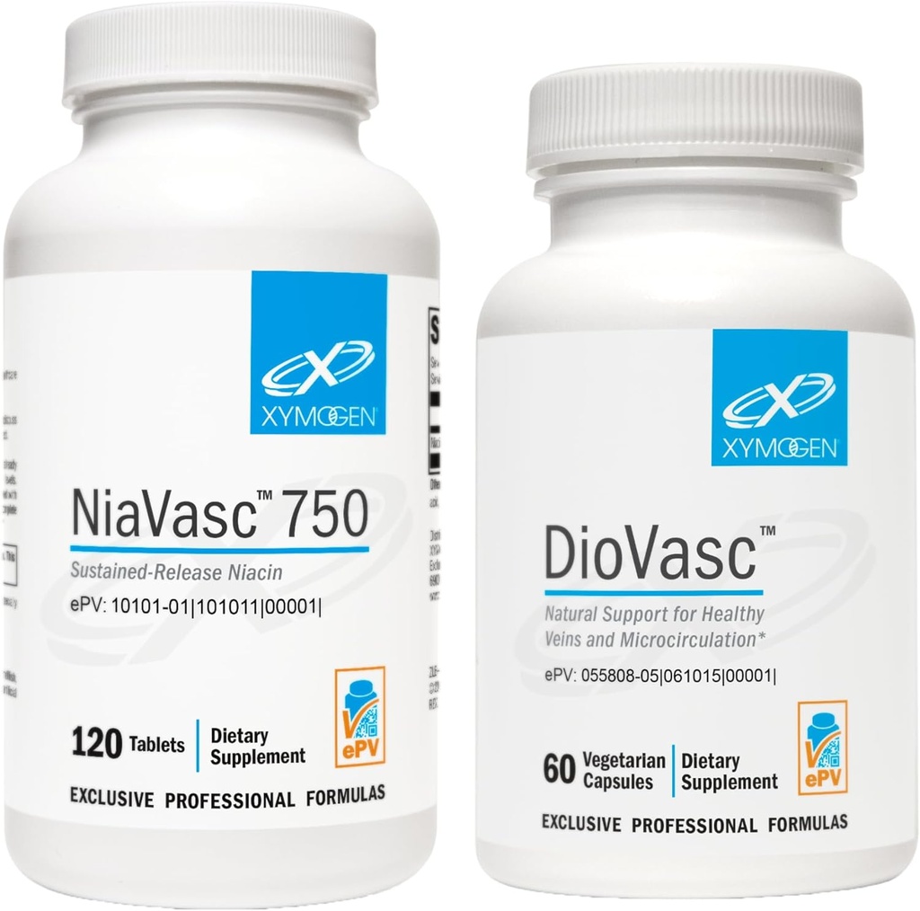 XYMOGEN NiaVasc 750 Libération prolongée Niacine (120 comprimés) + DioVasc Support pour des veines saines + Micocirculation (60 capsules)
