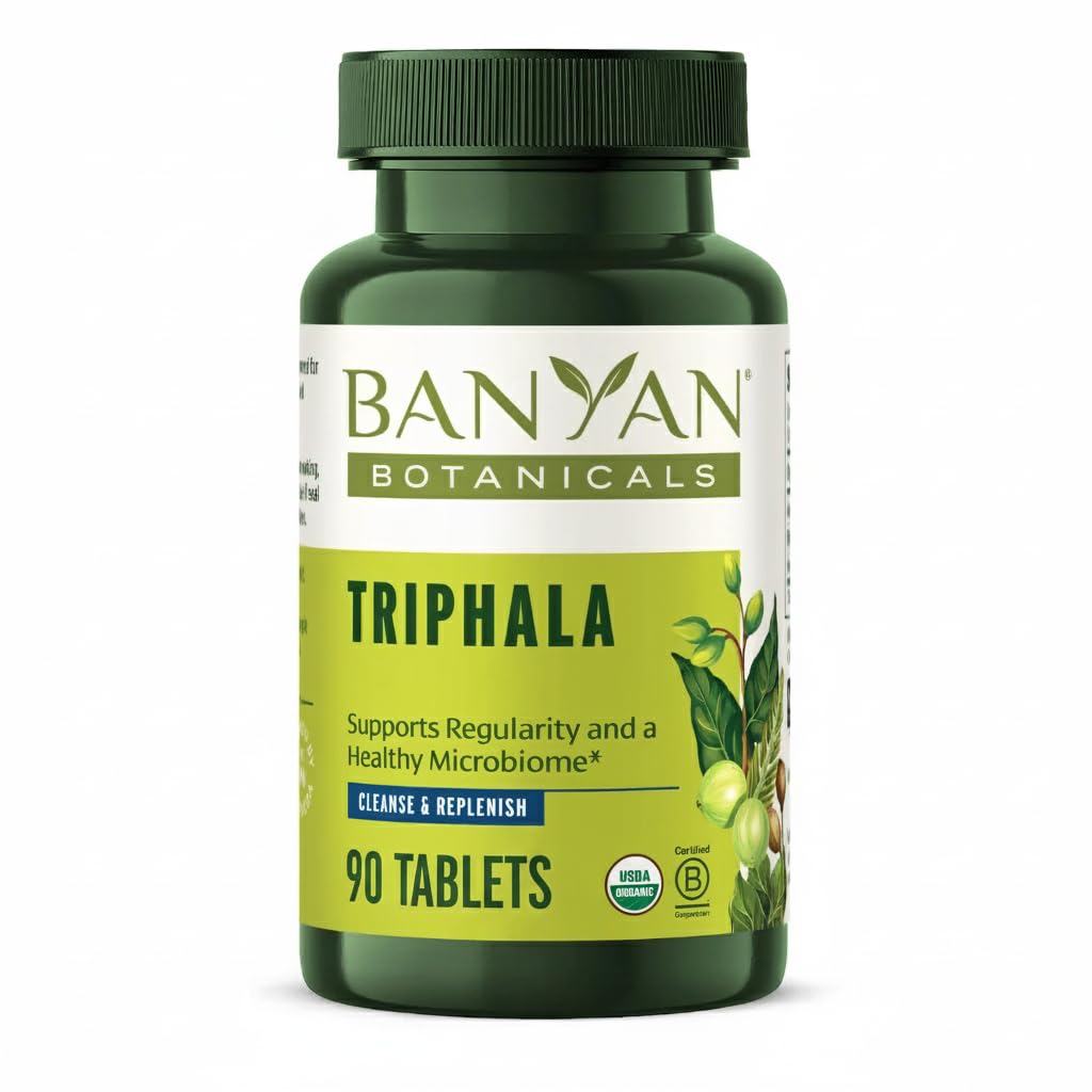 Comprimés de triphala Banyan Botanicals - Supplément de triphala biologique avec Amla, Haritaki et Bibhitaki – Pour la digestion, l'élimination et la santé Gut Microbiome* – 90 comprimés – Vegan non-OGM