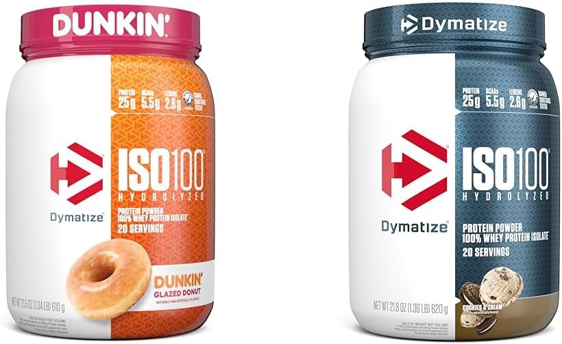 Dymatize ISO100 Hydrolyzed Protein Powder, 100% Whey Isolate, Dunkin' Glazed Donut Flavor, 20 Servings & ISO100 Hydrolyzed Protein Powder, 100% Whey Isolate Protein, 25g of Protein, 5.5g BCAAs