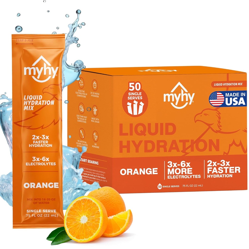 MyHy Packets d'hydratation liquide, Mélange de boissons électrolytes pour adultes et enfants Soutien à l'hydratation, Relief de déshydratation pour les voyages, grossesse, fitness, Bachelor & Bachelorette Party – Orange, 50 Comte