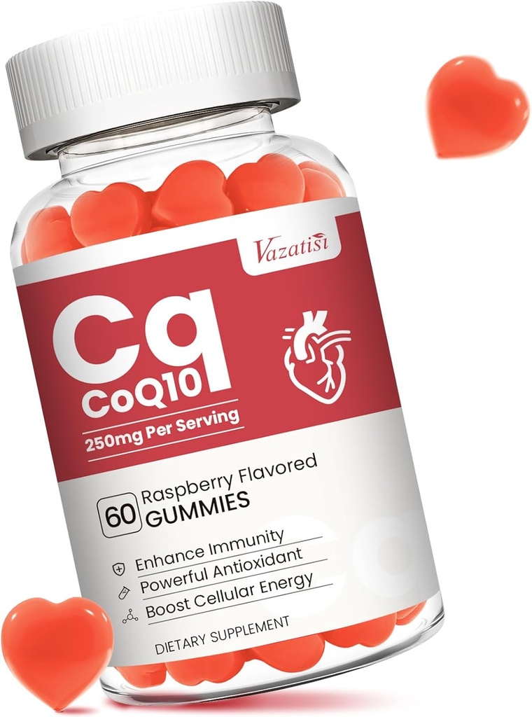 Haute absorption CoQ10 Gummies 250 mg, Plus Oméga-3, Vitamine B3 pour l'énergie cellulaire, cerveau et antioxydant, 5X Meilleur supplément d'absorption Coenzyme Q10, Aromatisé aux framboises - 60 Cts