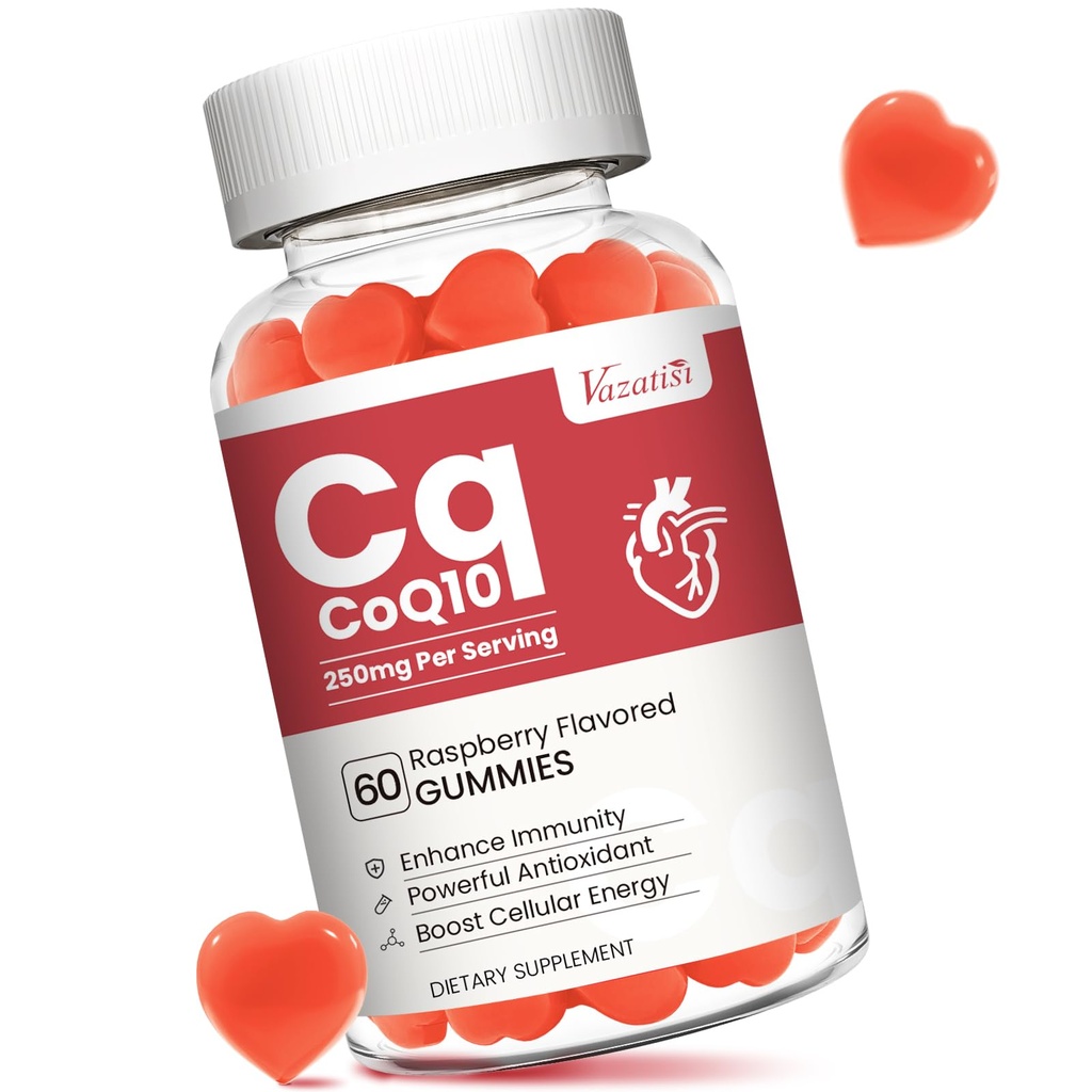Haute absorption CoQ10 Gummies 250 mg, Plus Oméga-3, Vitamine B3 pour l'énergie cellulaire, cerveau et antioxydant, 5X Meilleur supplément d'absorption Coenzyme Q10, Aromatisé aux framboises - 60 Cts