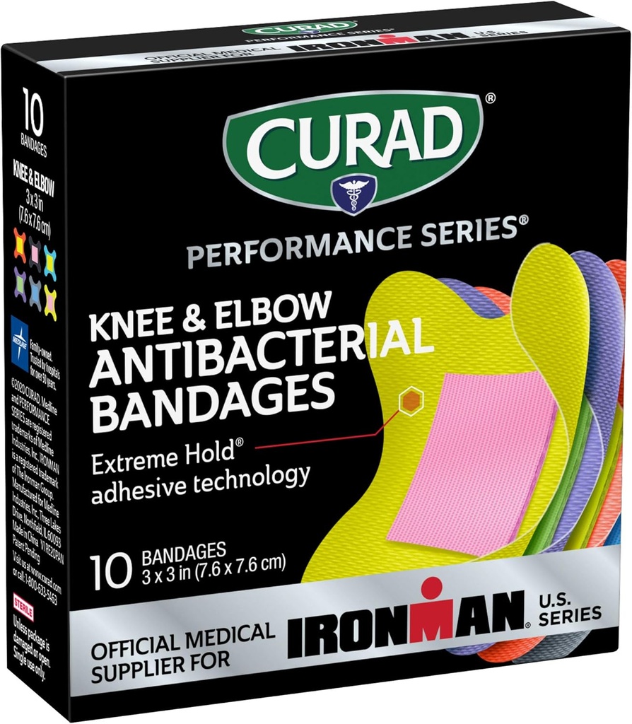 CURAD Performance Series IRONMAN Bandes antibactériennes, technologie d'adhésif extrême Hold, genou & elbow 3 pouces x 3 pouces, 10 Compte, idéal pour les coupes, les scorps, les sports et les styles de vie actifs