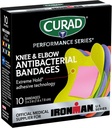 CURAD Performance Series IRONMAN Bandes antibactériennes, technologie d'adhésif extrême Hold, genou & elbow 3 pouces x 3 pouces, 10 Compte, idéal pour les coupes, les scorps, les sports et les styles de vie actifs