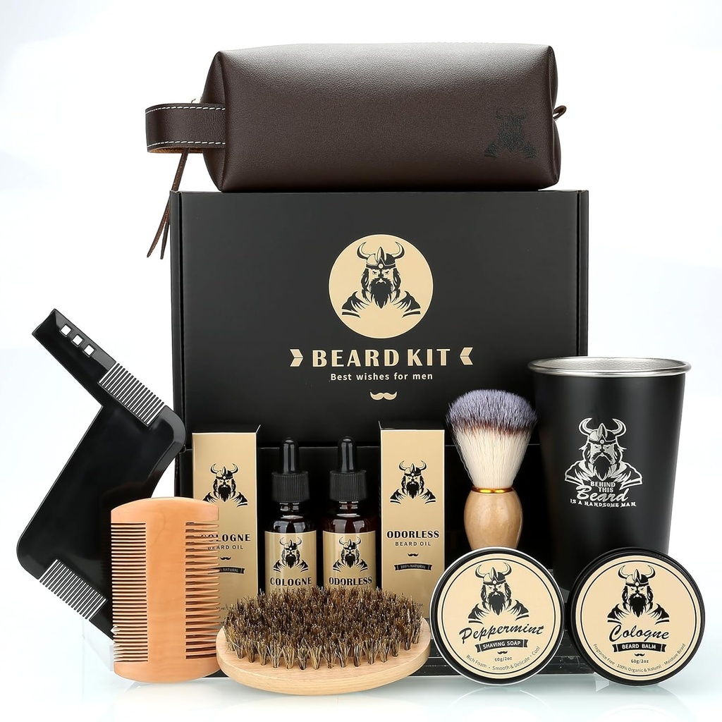 Kit de barbe Cadeaux pour les hommes, Cadeaux d'anniversaire de la fête des pères pour les hommes Dad His, Ensemble complet de toilettage et d'outillage, Kit de soins de barbe avec 2 barbes huile de croissance/balme/brosse/comb/savons de rasage/Cup&Storage Bag
