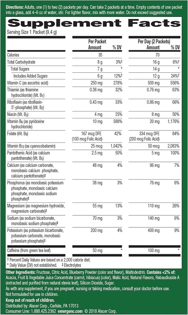 Emergen-C Energy+, avec des vitamines B, de la vitamine C et de la caféine naturelle du thé vert (Blueberry Acai Flavor) Mélange de complément alimentaire, 0.33 Ounce Powder Packets (Pack of 18)