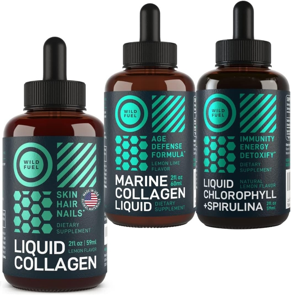 WILD FUEL Collagène liquide, Collagène marin et Chlorophylle liquide Beauty and Wellness Bundle