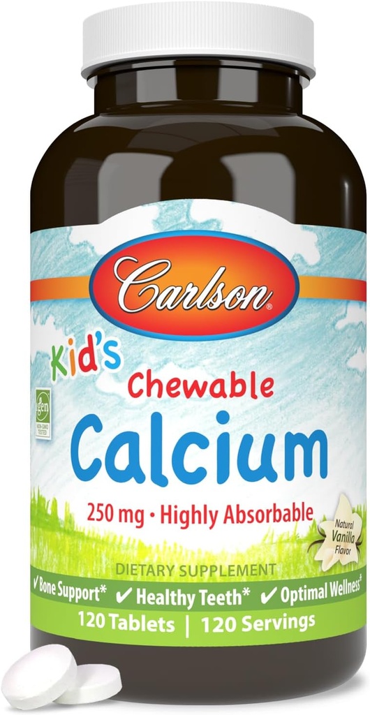Carlson - Kid's Chewable Calcium, 250 mg, Très Absorbable, Soutien aux os et aux dents, Bien-être optimal, Saveur de vanille naturelle, 120 comprimés