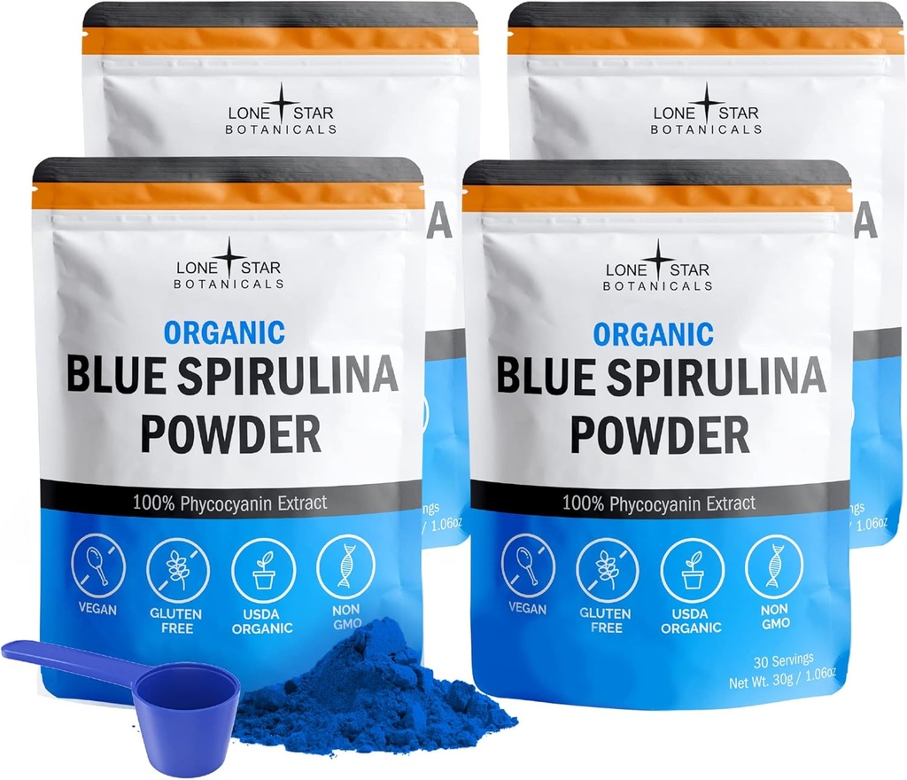 Poudre de Spiruline Bleue Biologique, 120 portions - 100% Superfood Pure Algae Bleu-Vert, Coloration des aliments naturels pour smoothies et boissons protéiques - Non OGM, sans gluten, végétalien + USDA certifié, sans odeur de poisson