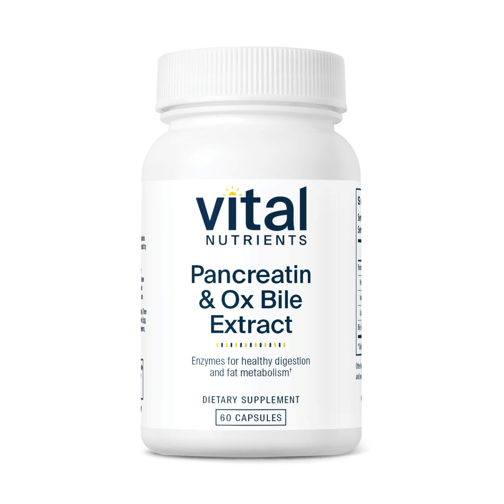 Nutriments vitaux Extrait de bile de pancréatine et d'oxygène 500mg , enzymes digestifs naturels pour les femmes et les hommes , soutient la digestion des protéines, des graisses et des glucides* , sans gluten, sans lait et sans soja 60 capsules