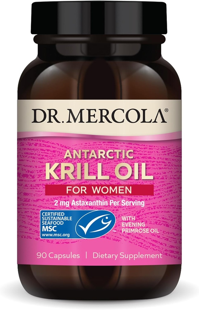 Dr Mercola Krill Oil for Women - 2 mg Astaxanthin - Certifié MSC durable - Supporte les systèmes Cerveau, Peau et Immune - avec Omega-3 - Non-OGM, sans gluten et sans soja - 90 capsules (30 portions)