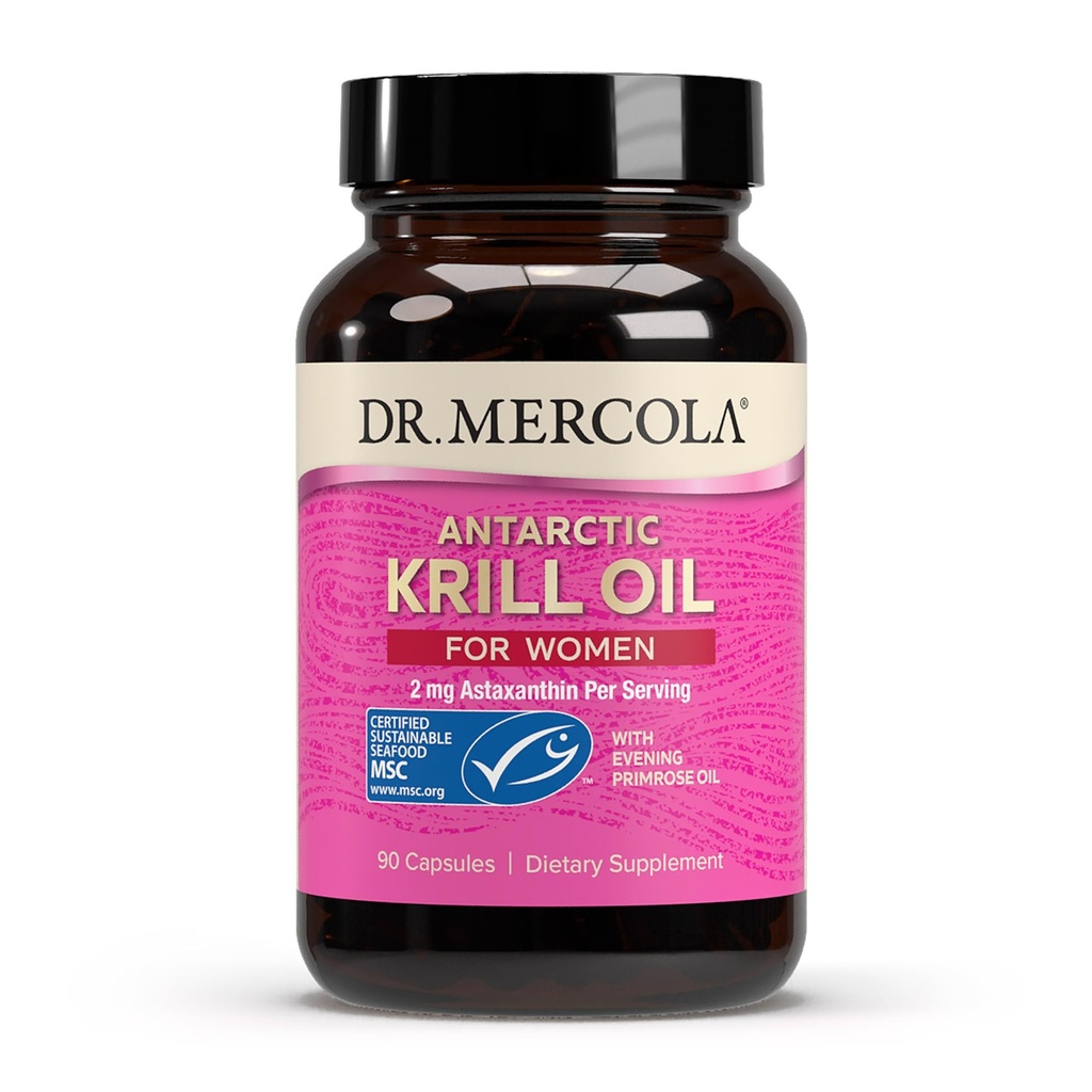 Dr Mercola Krill Oil for Women - 2 mg Astaxanthin - Certifié MSC durable - Supporte les systèmes Cerveau, Peau et Immune - avec Omega-3 - Non-OGM, sans gluten et sans soja - 90 capsules (30 portions)