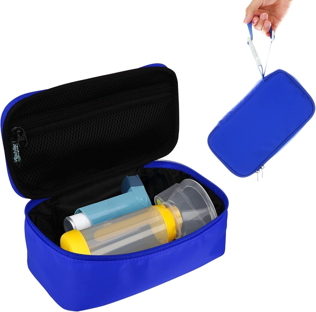 Beautiflier étui de voyage pour nébuliseur portable, espaceur inhalateur pour enfants et adultes, porte-inhalateur sac de transport d'asthme avec poche en mesh pour la médecine et autres essentiels, bleu (cas seulement)