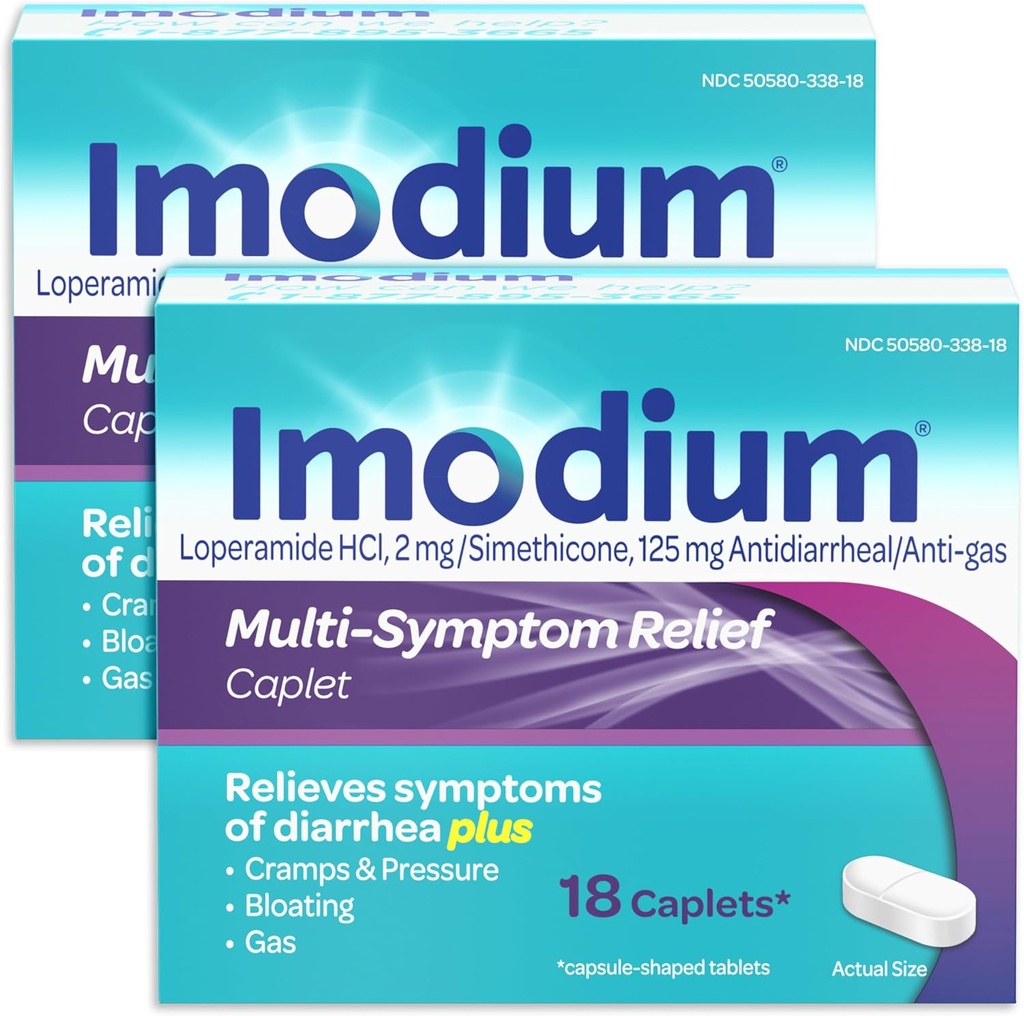 Caplets de soulagement multisymptômes Imodium avec chlorhydrate de loperamide et Siméthicone, antidiarrhéique pour le traitement de la diarrhée, gaz, ballonnement, crampes et pression, 2 paquets