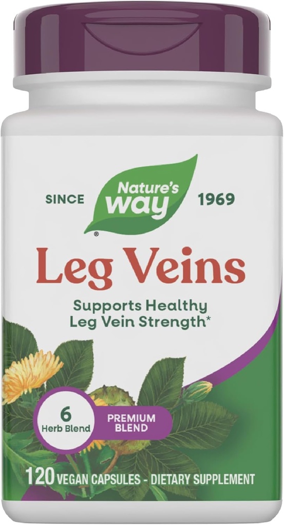 Nature's Way Leg Veins, soutient la force saine de la veine des jambes*, mélange de 6 herbes, avec extrait de châtaigne de cheval, dandelion, sans gluten, 120 capsules végétaliennes (paquetage mai Vary)