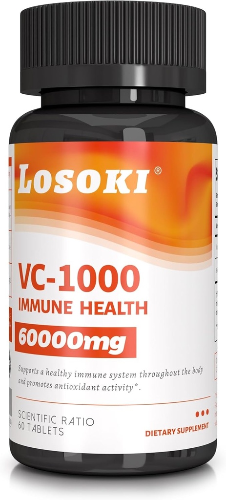 Losoki VC 1000 - High-Dose Vitamin C Supplements for Immune Support & Antioxidant Protection - Buffered Formula with Rose HIPS Powder - 60 Tablet