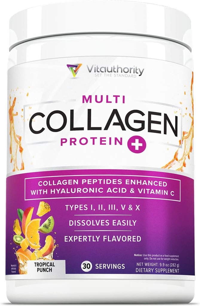 Multi Collagen Peptides Powder for Women - Hydrolyzed Flavored Collagen Powder for Women with Types I II III V & X Vitamin C & Hyaluronic Acid for Hair Skin and Nails (Tropical Punch) - 30 Servings