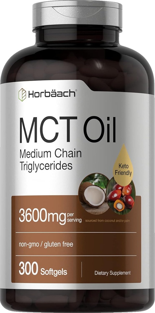 Horbäach Pilules d'huile MCT: 3600mg.300 Capsules Softgel: Supplément kéto de coco avec acide Caprylique et Capric.