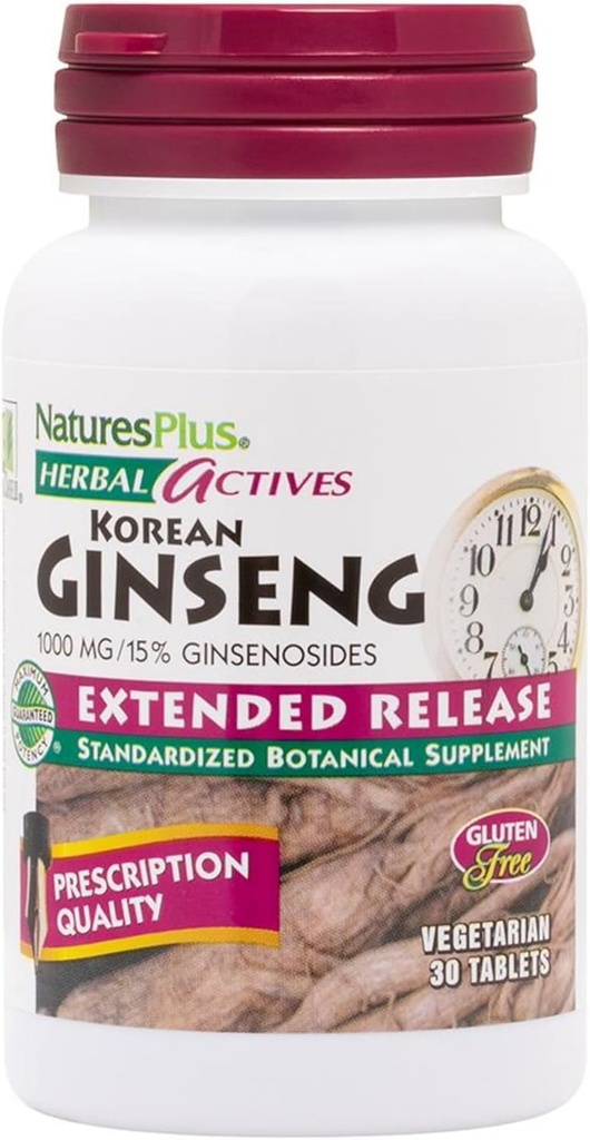 Natures Plus Herbal Actives Ginseng coréen, libération prolongée - 1000 mg, 30 comprimés végétaliens - Supplément à base de plantes Adaptogènes, Antioxydant - Végétarien, Sans gluten - 30 portions